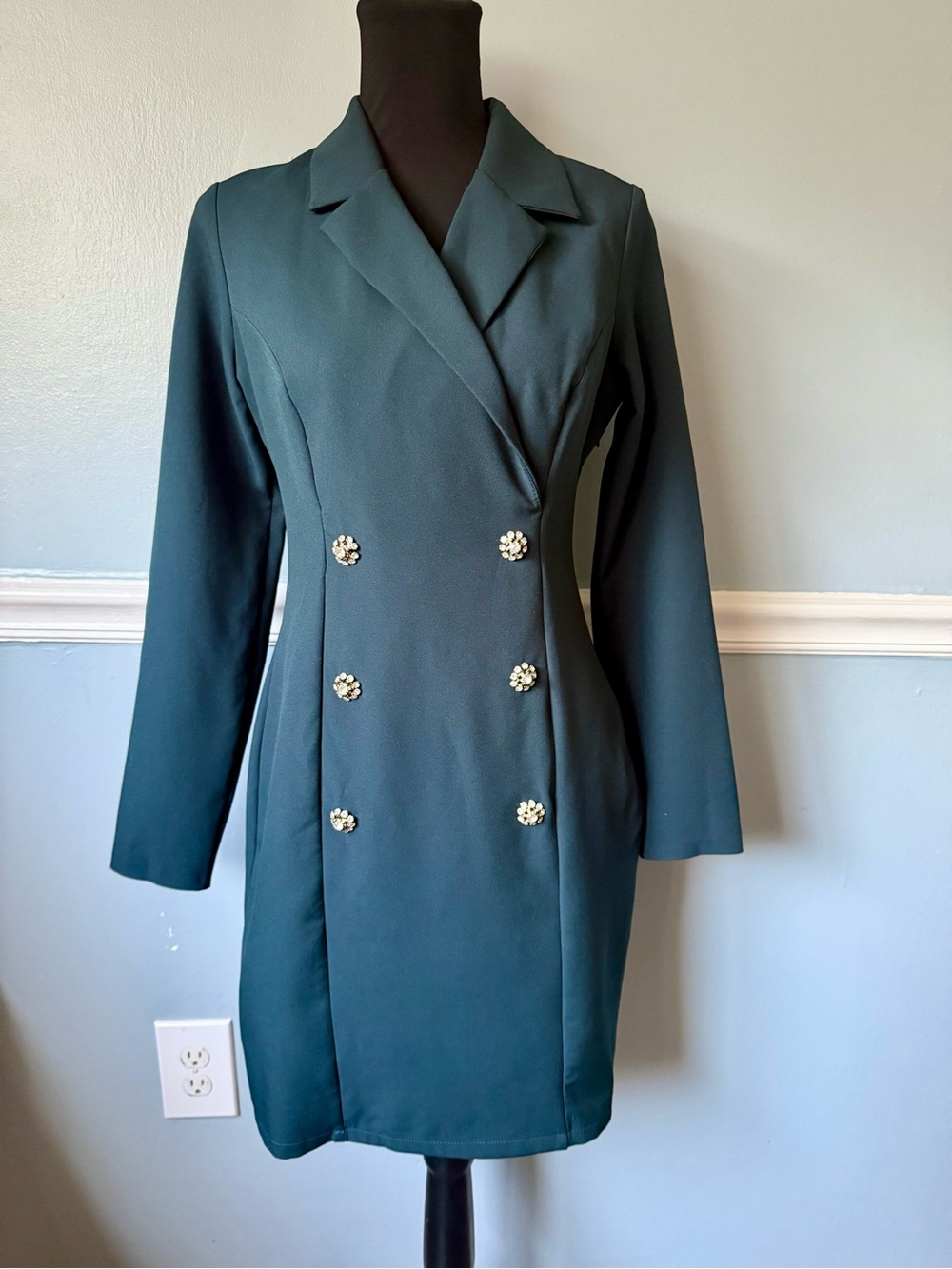 Elegant Dark Green Double-Breasted Midi Dress Coat